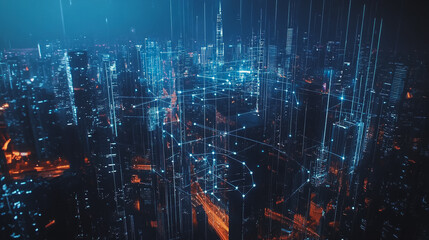 Obraz premium Smart digital Innovation city with connection network reciprocity over the cityscape. of future smart wireless city and social media networking systems that connects business people with in city