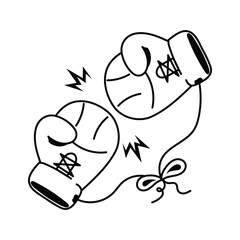 A stylized, black and white line drawing of two boxing gloves in a dynamic, almost confrontational pose