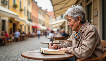 Senior woman writing in a notebook at an outdoor cafe