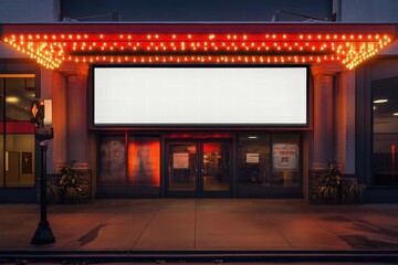 Empty Stage: A nostalgic storefront with a blank marquee beckons, inviting viewers to envision their own captivating stories in the glow of vintage lights. 