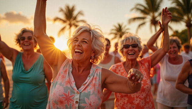 Group of senior women dancing joyfully on a beach at sunset