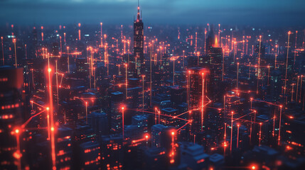 Fototapeta premium Smart digital Innovation city with connection network reciprocity over the cityscape. of future smart wireless digital city and social media networking systems that connects people with in city