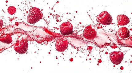 Fototapeta premium Vibrant Raspberries Splashing Dynamically on White Background: Close-up Photo. AI Generated