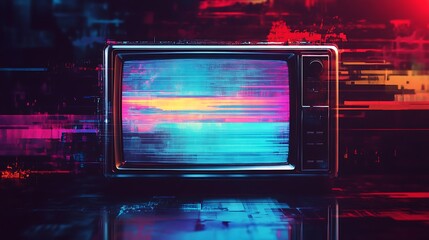 Retro TV Glitching Vibrantly in a Futuristic Digital Scene: Digital Painting. AI Generated