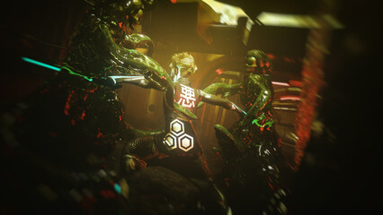 A young warrior in a glowing cyber suit wields two blazing laser swords. Gracefully, he battles a toxic green, amorphous ooze, dodging its lightning-fast tentacles with precise strikes.