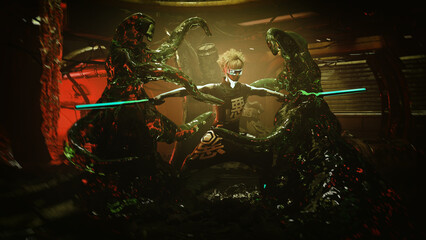 A young warrior in a glowing cyber suit wields two blazing laser swords. Gracefully, he battles a toxic green, amorphous ooze, dodging its lightning-fast tentacles with precise strikes.