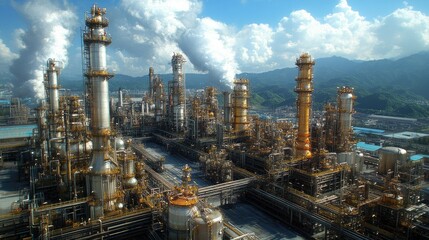 Fototapeta premium Industrial plant emitting smoke against mountains.