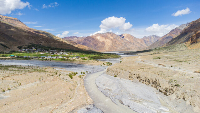 An aerial view of himalayan mountains at dhar dindi chichong village and spiti river in the Indian state of himachal pradesh.
