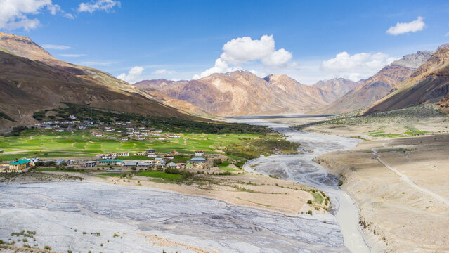 An aerial view of himalayan mountains at dhar dindi chichong village and spiti river in the Indian state of himachal pradesh.
