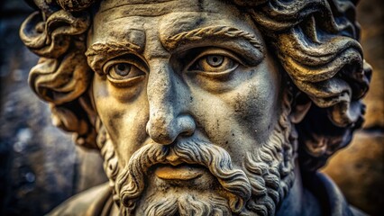 Close-up Detailed Ancient Stone Statue Face, Weathered Texture, Historical Artifact, Archaeological Find, Mythology