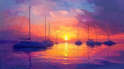 Vibrant Sunset Sailboats: A Captivating Digital Painting in a Dreamlike Style. AI Generated