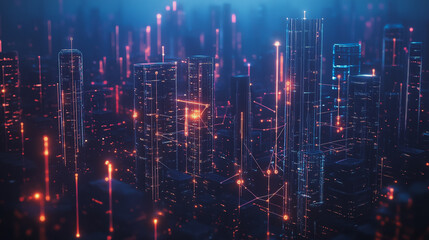 Fototapeta premium Smart digital Innovation city with connection network reciprocity over the cityscape. of future smart wireless digital city and social media networking systems that connects people with in city