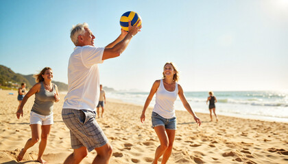 Seniors playing volleyball on the beach under sunny skies