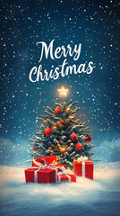 Snowy landscape, gifts, and small tree with "Merry Christmas" written in white script-3