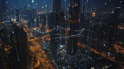 Smart digital Innovation city with connection network reciprocity over the cityscape. of future smart wireless digital city and social media networking systems that connects people with in city