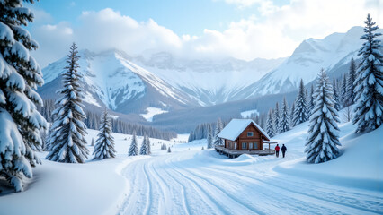 Fototapeta premium winter wonderland outing: deep snow covers the path, flanked by charming cottages and pine trees, with majestic snow-capped mountains in the distance
