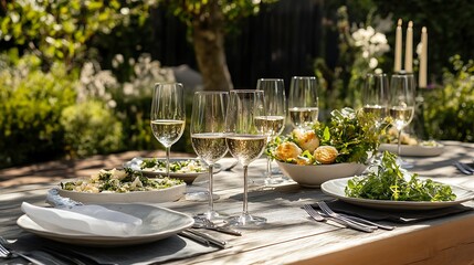 Elegant Outdoor Lunch Setting: Vibrant Photo, Close-Up View of Garden Party Table. AI Generated