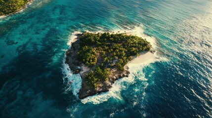Aerial view of a tropical island surrounded by ocean.