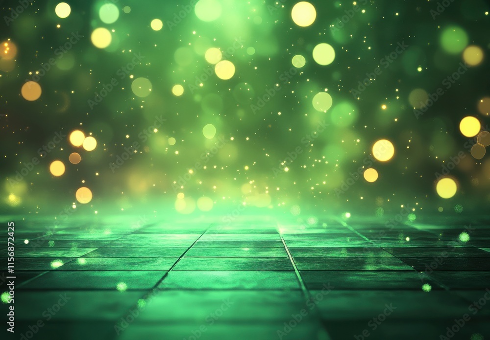 Poster a magical green abstract background with floating particles and soft glow for creative projects and 