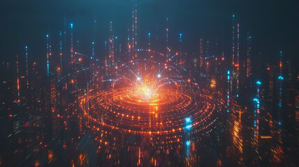 Smart digital Innovation city with connection network reciprocity over the cityscape. of future smart wireless digital city and social media networking systems that connects people with in city