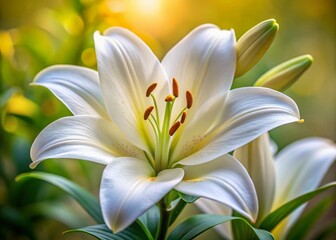 Fototapeta premium Close-up of Delicate White Lily Flower, Pure White Petal Texture, Botanical Photography