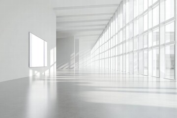 Modern Minimalist Gallery Interior: Sunlit contemporary art gallery showcasing a blank canvas, ideal for design mockups or showcasing artwork. The space exudes serenity and sophistication. 