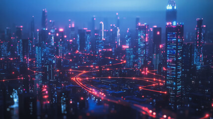 Fototapeta premium Smart digital Innovation city with connection network reciprocity over the cityscape. of future smart wireless digital city and social media networking systems that connects people with in city