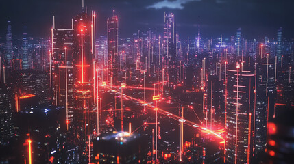 Fototapeta premium Smart digital Innovation city with connection network reciprocity over the cityscape. of future smart wireless digital city and social media networking systems that connects people with in city