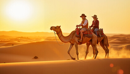 Senior couple riding camels in the desert at sunset
