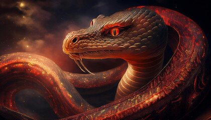 3D rendering of a fantasy snake in the space with fire and smoke. Chinese New Year concept