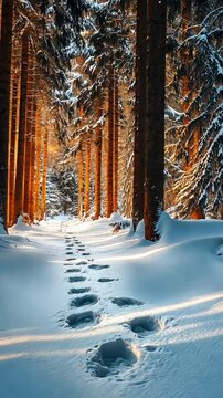 Path of footprints through a snowy pine forest. Warm golden light and tall trees, a winter landscape. PoV vertical shot