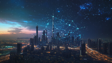 Obraz premium Smart digital Innovation city with connection network reciprocity over the cityscape. of future smart wireless digital city and social media networking systems that connects people with in city