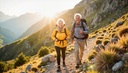 Active seniors hiking a sunlit mountain trail.