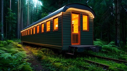 Fototapeta premium Cozy Train Car Surrounded by Lush Green Forest in Soft Lighting