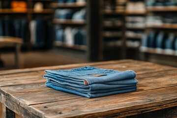 Neatly Folded Denim Jeans on Rustic Wooden Table in a Fashion Retail Store with Stylish Background Displaying Apparel and Accessories