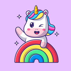 Cute Unicorn Waving Hand On Rainbow Cartoon Vector Icon 
Illustration. Animal Nature Icon Concept Isolated Premium 
Vector. Flat Cartoon Style 