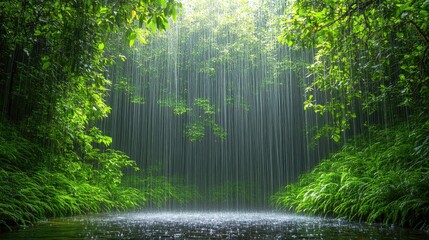 Lush green rainforest scene with heavy rainfall, creating a tranquil atmosphere.