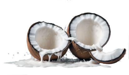 fresh raw coconut halves and slices with splashing refreshing coconut milk isolated on transparent background, copy space for text