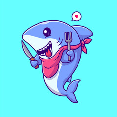 Cute Hungry Shark Holding Knife and Fork Cartoon Vector 
Icon Illustration. Animal Food Icon Concept Isolated Premium 
Vector. Flat Cartoon Style 