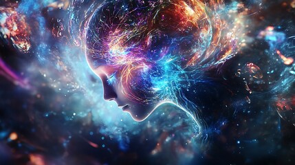 Obraz premium Vibrant Digital Painting: Cosmic Energy Flows Through a Woman's Profile. AI Generated