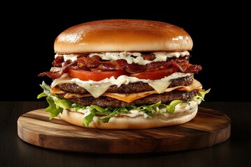 Gourmet Hamburger Stacked with Bacon, Cheese, Fresh Vegetables, and Creamy Sauce on a Wooden Platter Against a Dark Background Perfect for Fast Food Advertising