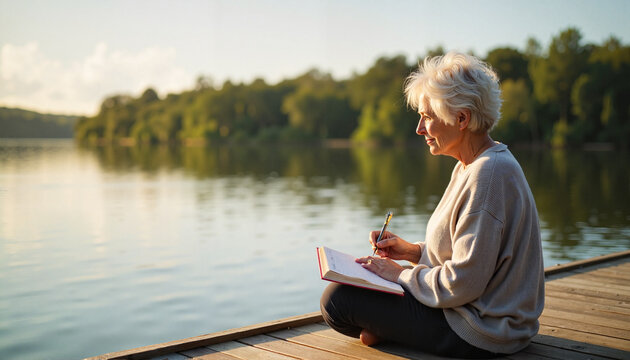 Senior woman journaling on a lakeside dock in the morning