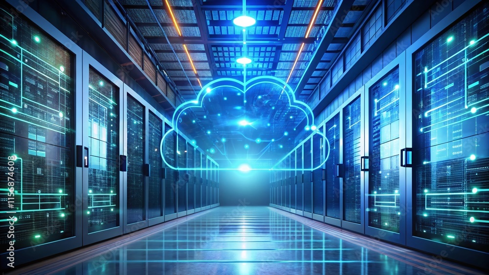 Poster cloud computing data center network technology - futuristic server room and cloud storage