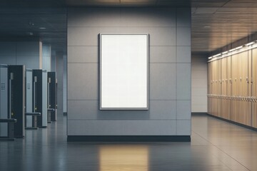 Blank Billboard Mockup in Modern Locker Room:  A sleek, vertical billboard mockup in a contemporary locker room setting, perfect for showcasing your designs.  The image offers a clean.