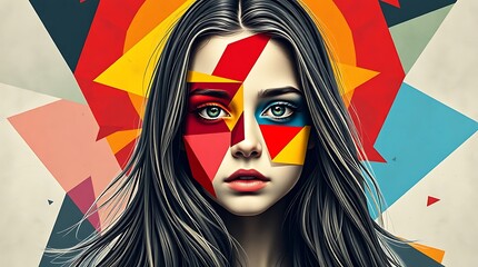 Modern Abstract Portrait: Girl with Flowing Hair Surrounded by Neon Triangular Shapes in a Vibrant, Dramatic Art Scene - AI-generated"