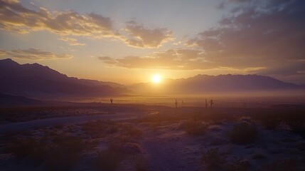 Stunning Wide Shot Photo: Serene Sunset Gently Descending Over Misty Mountain Valley. AI Generated