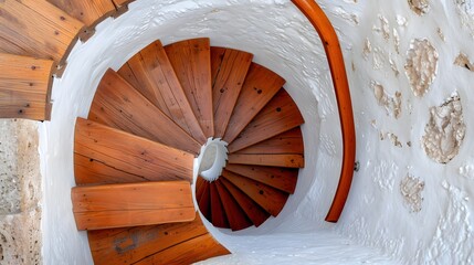 Spiral wooden staircase in white interior with stone wall design