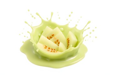 A splash of green liquid surrounds melon slices, creating a fresh and vibrant visual.