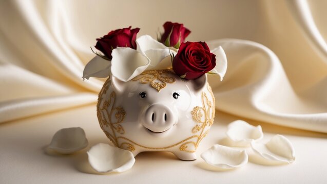Romantic Wedding Savings Concept with Piggy Bank and Rose Bouquet for Elegant Invitations