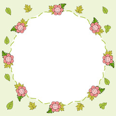 green frame with pink flowers for card, children design